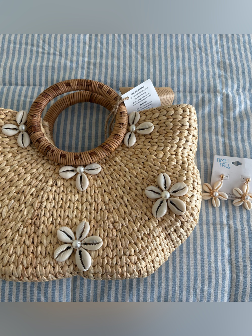 Woven Straw Beach Tote with Shell Flower Accents and matching earrings